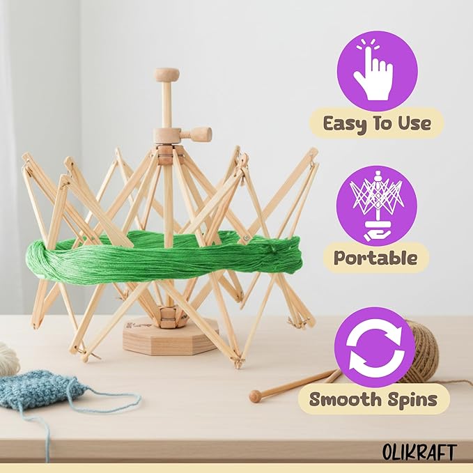 Olikraft Wooden Yarn Swift | Lightweight Reverse Yarn Umbrella Swifts | Ball Swift | Skein Winder | No Clamp Required (Patented)