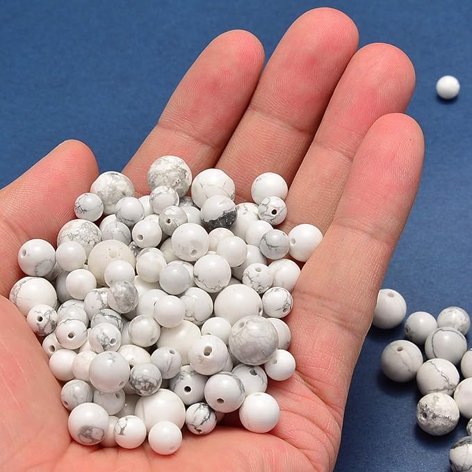 NCB 100pcs Original Natural Stone Beads Gemstone Round Loose Beads 6mm Genuine Real Stone Energy Beads for DIY Jewelry Making, Stretch Unisex (White Howlite, 6mm 100Beads)