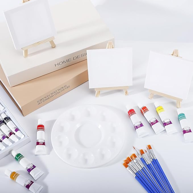 10 Pack Mini Canvas and Easel Set, 4 X 4 inch Canvas for Drawing, 18 Acrylic Paint Set with 20 Brushes & 2 Paint Trays, Art Painting Kits for Birthday Party Favors