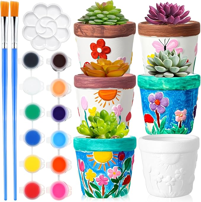 Pasimy 6 Set DIY Ceramic Succulent Planter Pots Paint Your Own Flower Pots Craft Kit Unpainted Bisque Paintable Flowerpot with Brush Palette Ready to Paint for Family Activity Gift(Classic)