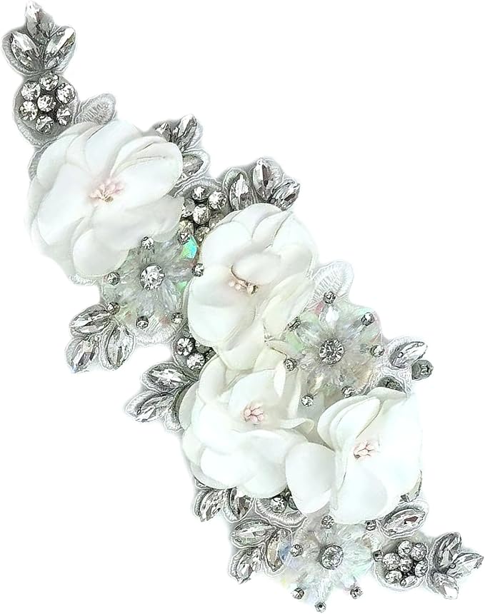 1pc Handmade Rhinestone Applique for Clothes, 3D Flower Fabric Patches for Wedding Dress, Bling Beaded Embroidery Lace Applique for Hat Hairband Sewing Embellishment (White)