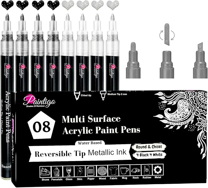 Acrylic Paint Pens,8 Pack 4 Black and 4 White Paint Markers, Paint Pens for Rock Painting Stone, Ceramic, Wood, Plastic, Glass, Metal, Canvas,Drawing, Water-Based Acrylic Paint Sets