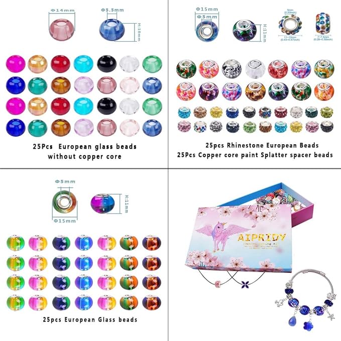 100 PCS Assorted European Beads with Copper Core Big Hole Glass Spacer No Copper Core Lampwork Colorful Beads Rhinestone Craft Beads for DIY Charm Bracelet Jewelry Making (Transparent Bicolor)