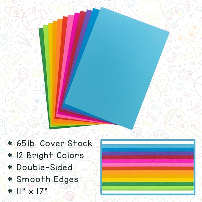Hygloss Bright Colored Cardstock - 11x17-Inch, 12 Assorted Colors, 48 Sheets, 65 lb/ 176 gsm, Fade-Resistant, Acid-Free Color Card Stock Paper