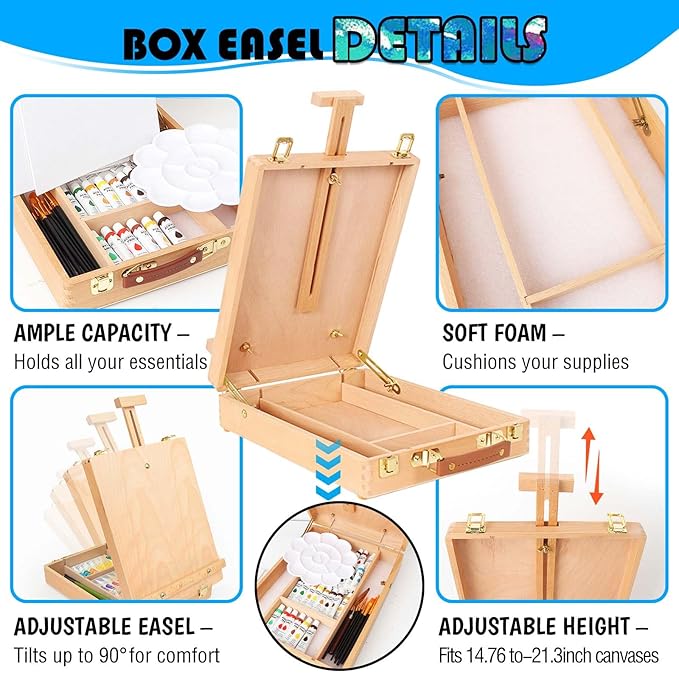 WOWOSS Tabletop Art Easel Box Set, 40PCS Painting Kit for Adult Artists & Beginners, Easel Stand with 24 Acrylic Paints, 3 Canvas Panels, Brushes, for Indoor & Outdoor Use, Painting & Sketching