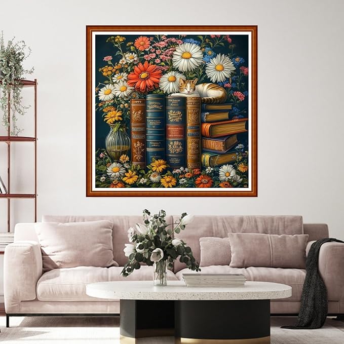 Funart Stamped Cross Stitch Kits for Beginners Full Range of Cross Stitching Preprinted Embroidery Kits for Adults, 11CT Embroidery Pattern Needlepoint Kits-Book Flowers 18x18 inch