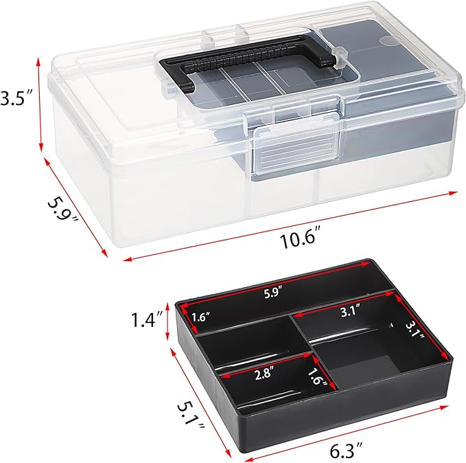 JUXYES 2 Pack Plastic Carry Storage Box with Removable Dividers, Clear Art Craft Supply Storage Bin Sewing Box with Handle Lid, 2 Layers Stationery Storage Case for School/Office Supplies Black