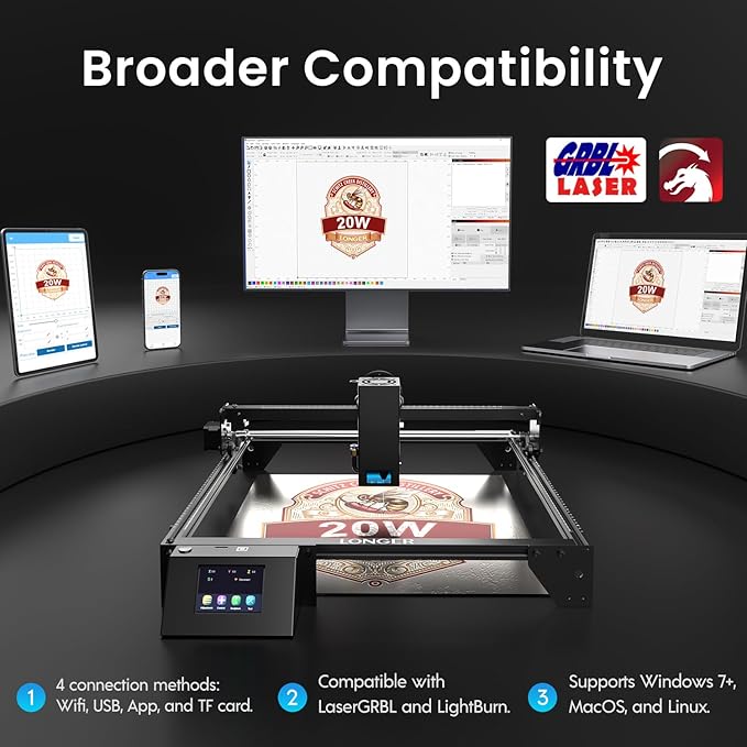 Longer RAY5 20W Laser Engraver with Air Pump, 17.3"x 17.3" Honeycomb Bed, Rotary Roller, and 8 Risers – Cuts and engraves Wood, Metal, Acrylic, tumblers