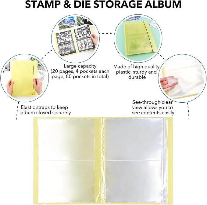 10 Pcs 0.3mm Magnet Sheets and 80 pockets/20 pages Storage Album for Stamp and Cutting Dies Storage Book Organizer Folder for Storage Die Cutting, DIY Scrapbooking Card Making Supplies (Yellow)