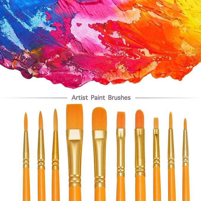 BOSOBO Paint Brushes Set, 10 Pieces Round Pointed Tip Paintbrushes Nylon Hair Artist Acrylic Paint Brushes for Acrylic Oil Watercolor, Face Nail Body Art, Miniature Detailing & Rock Painting, Orange