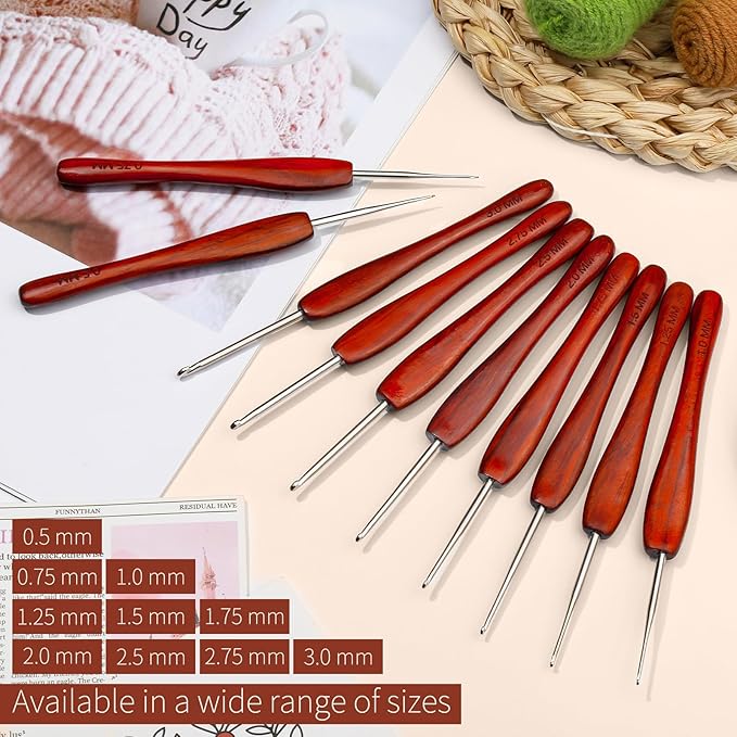 1.0 mm Crochet Hook, Available in 0.5 mm- 3 mm, Ergonomic Hand-Polished Wooden Handle Crochet Hook for Arthritic Hands, for Beginners, and Crocheting Yarn (2Pcs)