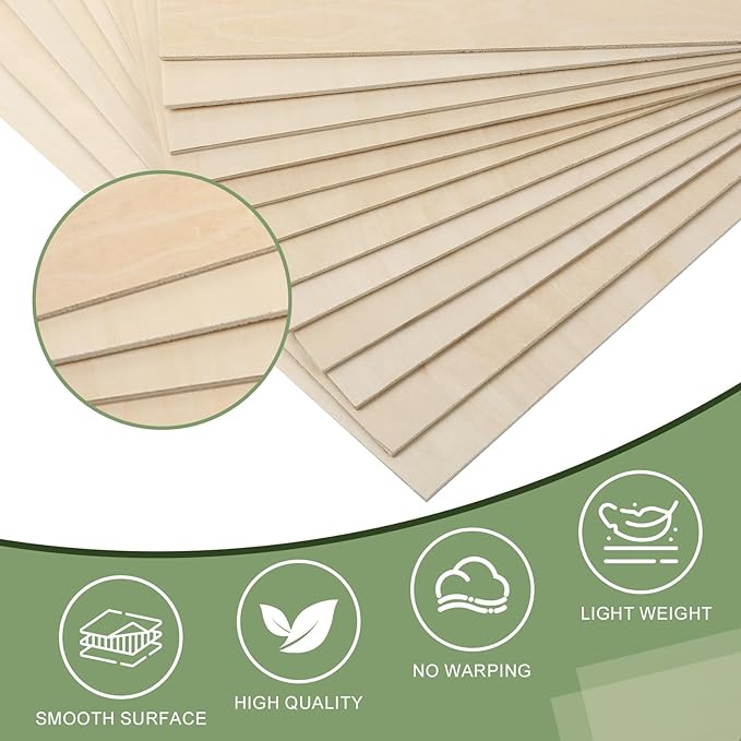 10 Pack Basswood Sheets 1/8x12x24 Inch, Unfinished Wood for Crafts, 3mm Basswood for Laser Cutting & Engraving, Wood Burining,Architectural Models, Wood Board for Painting.