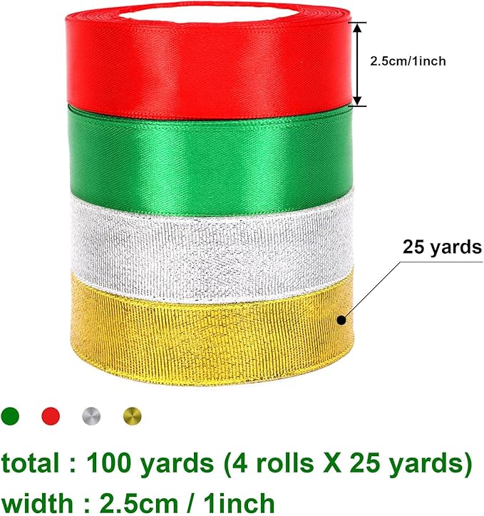 DECYOOL 4 Rolls 100 Yards Christmas Ribbons Metallic Glitter Fabric Holiday Festival Satin Ribbons 1Inch Wide for Gift Wrapping Decoration