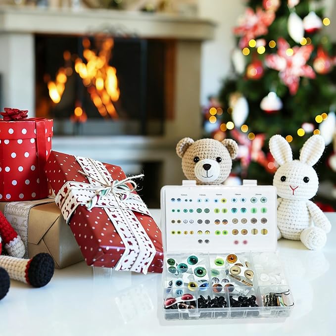 CSCHENGO 8-20mm 253 PCS Amigurum Safety Eyes for Crochet Animals, 3D Glitter Glass Eyes for Crafts Kit with Noses/Glasses/Leather Tags,Doll Crochet DIY Crafts Stuffed Animals Toy Making Supplies