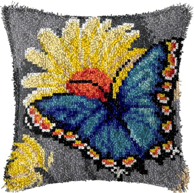 LAPATAIN Latch Hook Kits for DIY Throw Pillow Cover,Butterfly Needlework Cushion Cover Hand Craft Crochet 17x17inch