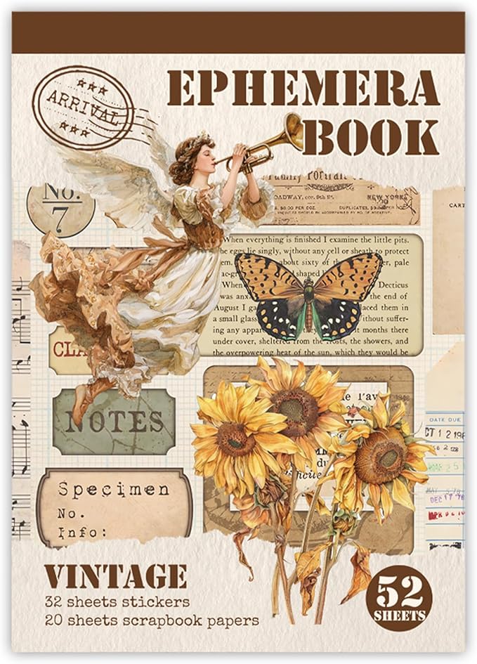 32 Sheets Pre-Cut Vintage Washi Stickers & 20 Scrapbook Papers Ephemera - Retro Angel Sunflower Designs for Junk Journals Scrapbooking