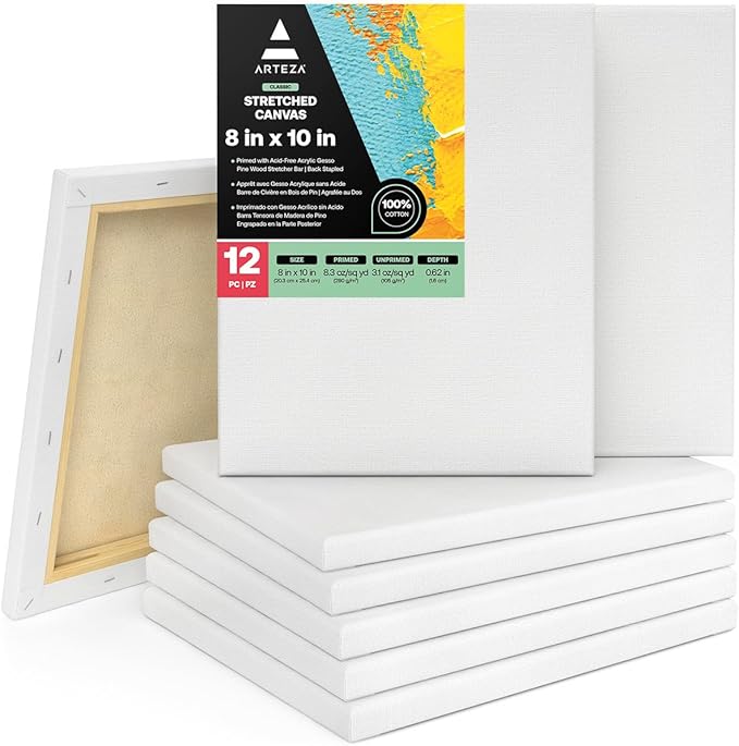 ARTEZA Stretched Canvas, 8 x 10 Inches, Pack of 12, Blank White Canvas for Painting for Acrylic, Oil and Gouache Paints