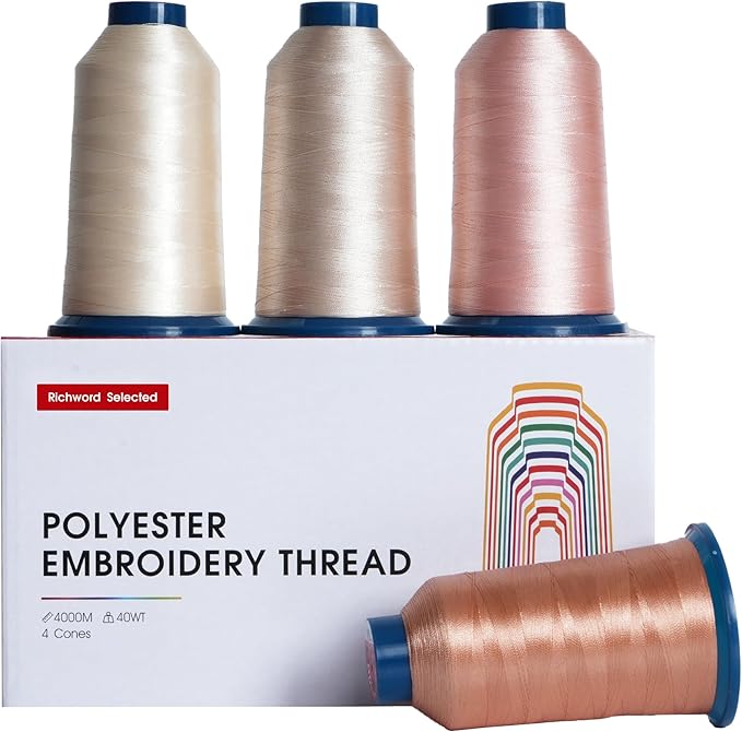 Richword Selected Embroidery Thread 4 Rolls,Huge Spool 4000M(4374Y) 40WT Polyester Thread for All Commercial Multi Needles and Single Needle Embroidery Machines,4 Flesh Colors