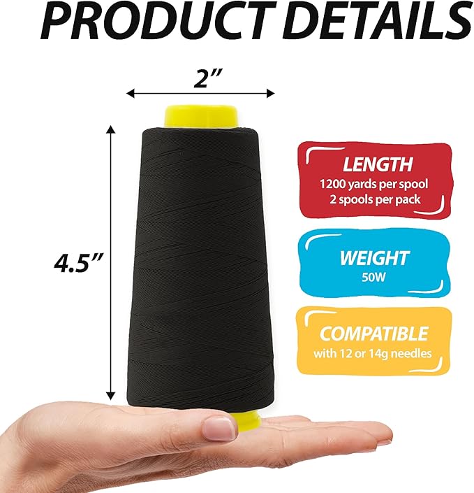 Mandala Crafts Black Thread Cones for Machine and Hand Quilting - 2400 Yds 50 WT Multiple Purpose Mercerized 100% Cotton Threads for Sewing Machine Serger Embroidery