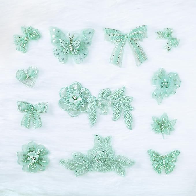 12 Pieces 3D Flower Lace Embroidery Butterflies Appliques Pearl Patches for Repairing and Decorating, Sewing Craft Clothing Jeans Jackets Bags (Green)