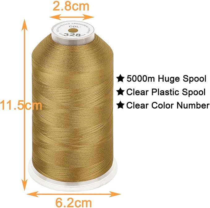 New brothread - Single Huge Spool 5000M Each Polyester Embroidery Machine Thread 40WT for Commercial and Domestic Machines - Brass