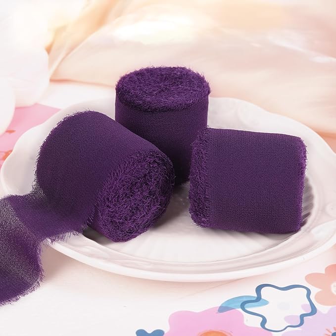 3 Rolls Purple Handmade Fringe Chiffon Ribbon 1.5" x 7Yd Colorful Silk-Like Ribbon for Bouquets Wrapping Decor Wedding Tie Invitations Crafts