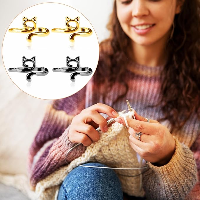 YUXIANLB 4pcs Adjustable Crochet Tension Ring for Finger, Cat Shape Metal Open Guide Tension Ring for Crocheting, Crochet Loop Rings Braided Faster Knitting Thimbles Supplies for Women (2Black, 2Gold)