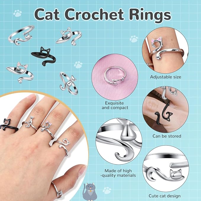 MARFOREVER 5 Pcs Crochet Rings Cat Crochet Tension Ring, Adjustable Crochet Tension Loops for Fingers Yarn Guide Knitting Crochet Accessories with Box for Mom Grandma Women