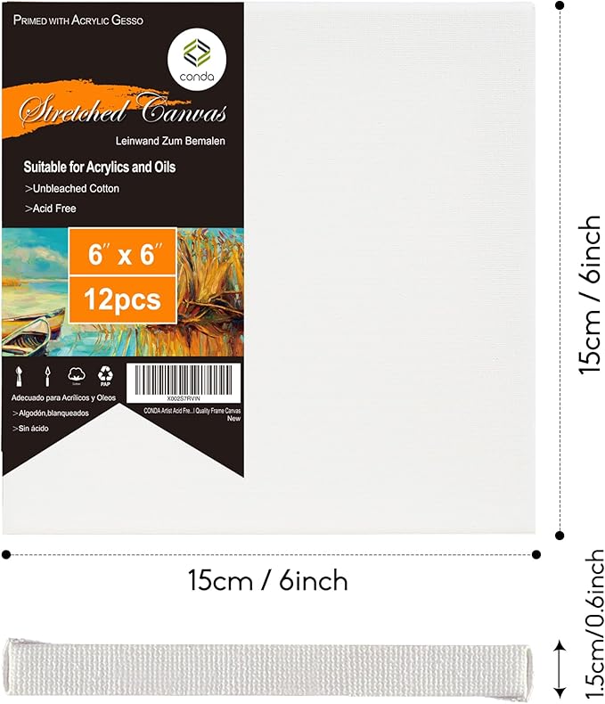 CONDA 6x6 inch Stretched Canvas for Painting, Pack of 12, 100% Cotton, 5/8 Inch Profile Value Bulk Pack for Acrylics, Oils Painting