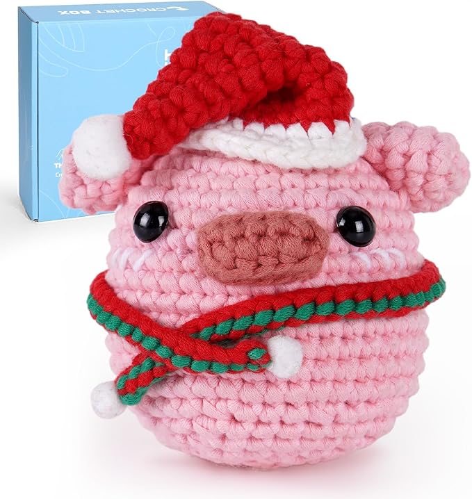 CrochetBox Crochet Kit for Beginners Adults - Christmas Pig Starters Crochet Kit, Beginners Crocheting Kitting for Adults Teen, Craft Gifts with Crochets Yarns, Hook, Step-by-Step Video, Instruction
