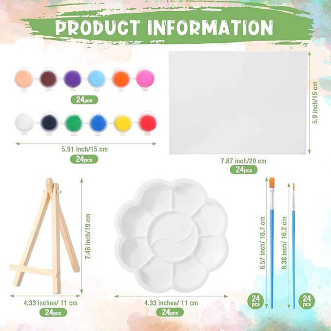 Qilery 24 Set 6 x 8 Inch Mini Canvas Boards and Easel for Painting, Acrylic Paint Strips, Palettes, Brushes, Canvases Painting Kits for Kids Adults Artists Beginners Oil Acrylic Painting Party Favors