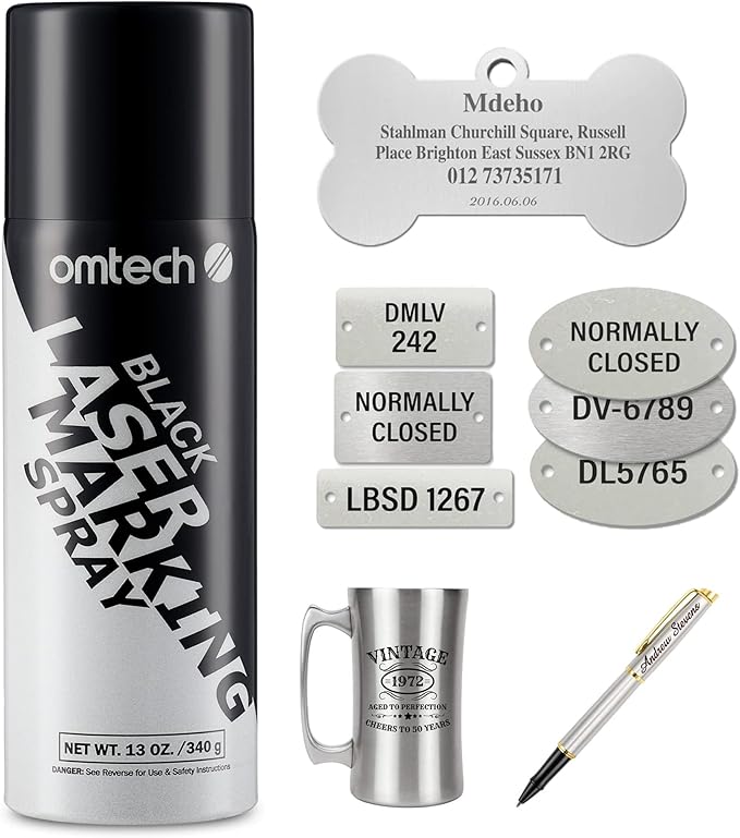 OMTech Laser Marking Spray, Metal Laser Marking Fluid for CO2 Laser Engravers, 13oz Aerosol High Contrast Black Spray for Laser Engraving Metal, Laser Ink Agent for Aluminum Stainless Steel Brass More