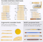 Arteza Pottery & Polymer Clay Tools, 42-Piece Sculpting Set, Steel Tip Tools with Wooden Handles, for Pottery Modeling, Smoothing, Carving & Ceramics