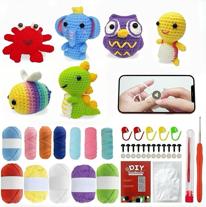 BLZEDIM 6Pcs Crochet Kit for Beginners, 2026 DIY Crochet Animal Kits with Step-by-Step Video Tutorials Beginner Knitting Kit for Adults DIY Stuffed Animals Craft Gift for Starter (Turtle)