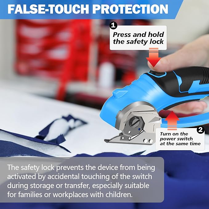 Cordless Electric Scissors, 4V Box Cutter & Cardboard Cutter with 2 Titanium Blades - Rotary Cutter with LED Light for Fabric, Leather, Carpet, Plastic, Crafting + Storage Case (Blue)