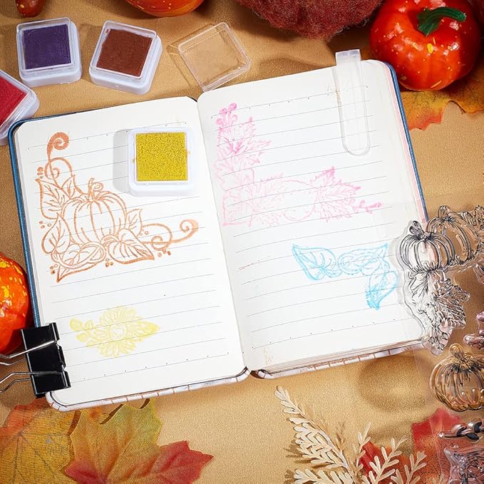 GLOBLELAND Pumpkin Corner Clear Stamp Autumn Fall Leaves Silicone Clear Stamp Thanksgiving Background Transparent Stamps for Scrapbook Journal Thanksgiving Card Making 4.3x6.3inch