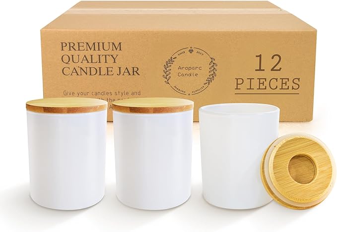 Aroparc 12 Pack 10oz White Candle Jars with Bamboo Lids, Candle Containers for Candle Making, Wedding Favors & Luxury Lines - Gloss White