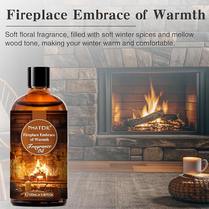 PHATOIL Fireplace Embrace of Warmth Fragrance Oils for Aromatherapy, 3.38FL.OZ Diffuser Oils for Home, Perfect for Aromatherapy, Humidifiers, Yoga, DIY Candle and Soap Making - 100ml