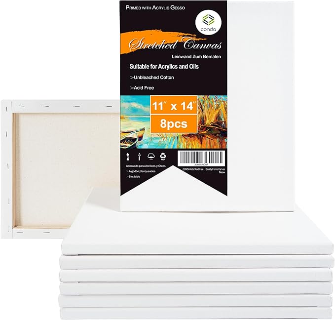 CONDA 11x14 inch Stretched Canvas for Painting, Pack of 8, Primed, 100% Cotton,5/8 Inch Profile Value Bulk Pack for Acrylics, Oils Painting