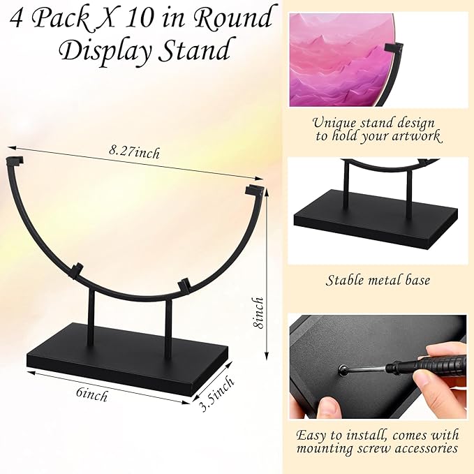 Blulu 4 PCS 8 Inch Round Metal Display Stands for Stained Glass Fused Glass Display Stands Decorative Art Base for Plate Picture Platter Photo(Black)