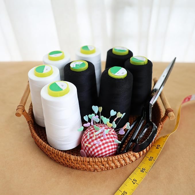 Black & White Sewing Thread, 8PCS 40S/2 3000 Yard Spool Serger Thread, All Purpose Polyester Thread Serger Thread Cones