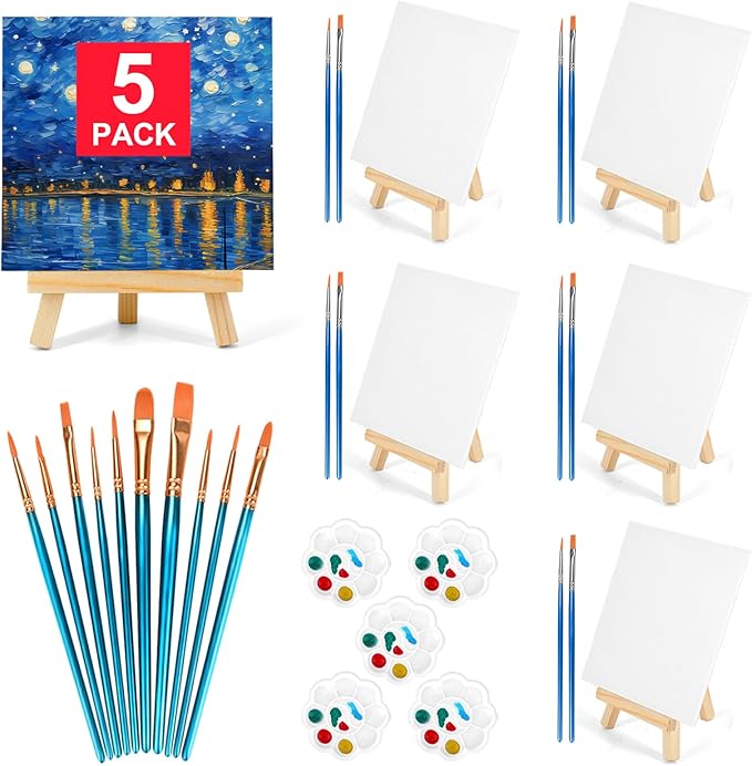 5 Pack 5.9In Canvas Boards for Painting, Art Canvas for Drawing with 20 Brushes & 5 Paint Trays, Mini Painting Canvas with Easel Set, Painting Kits for Adults & Kids Party