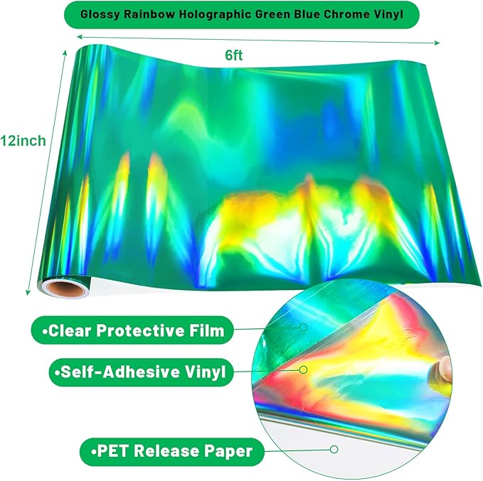 GIRAFVINYL Green Holographic Vinyl, Glossy Green Holograophic Permanent Vinyl - 12" x 6 ft for Crafts Decal Signs Stickers