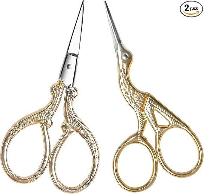 AQUEENLY Embroidery Scissors, Stainless Steel Sharp Stork Scissors for Sewing Crafting, Art Work, Threading, Needlework - DIY Tools Dressmaker Small Shears - 2 Pcs (3.6 Inches, Gold)