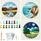 BEUNITONE 3PCS Mountain and River Punch Needle Kit for Adults Beginners, Complete Craft Kit Needlepoint Kits for Adults with Hoop, Punch Needle Starter Craft Set for Cloth Festival Gift and Home Decor