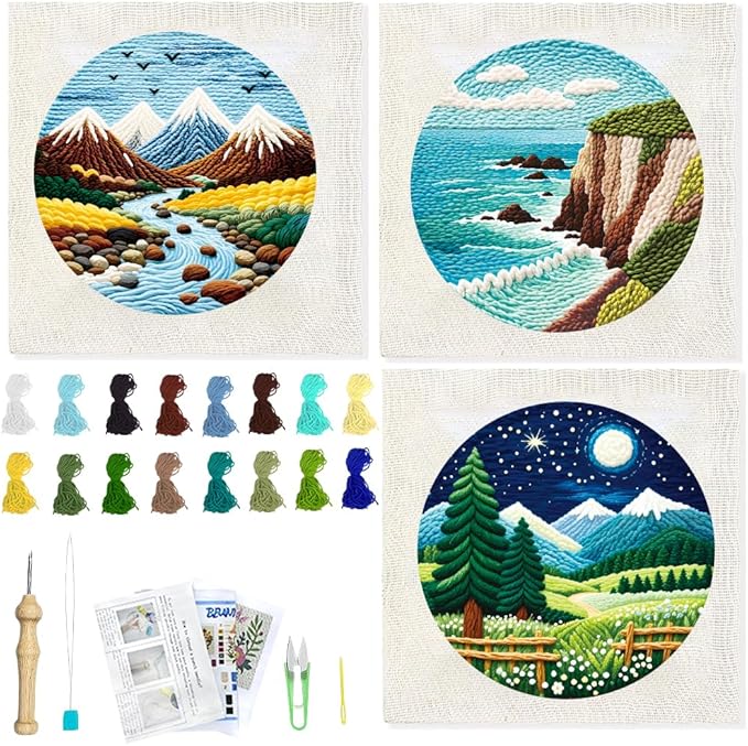 BEUNITONE 3PCS Mountain and River Punch Needle Kit for Adults Beginners, Complete Craft Kit Needlepoint Kits for Adults with Hoop, Punch Needle Starter Craft Set for Cloth Festival Gift and Home Decor