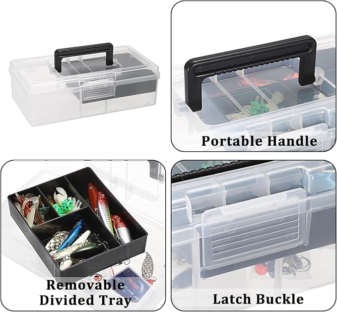 JUXYES Plastic Carry Storage Box with Removable Dividers, Clear Art Craft Supply Storage Bin Sewing Box With Handle Lid, 2 Layers Stationery Storage Case for School/Office Supplies