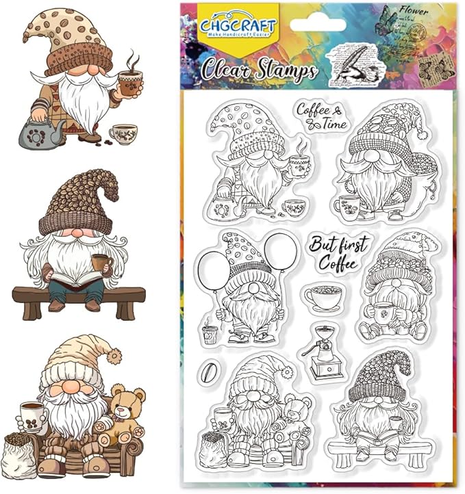 CHGCRAFT Gnome Coffee Clear Stamps Balloon Transparent Handicraft Stamps for DIY Scrapbooking Photo Album Decorative Cards Making, 6.3x4.3inch