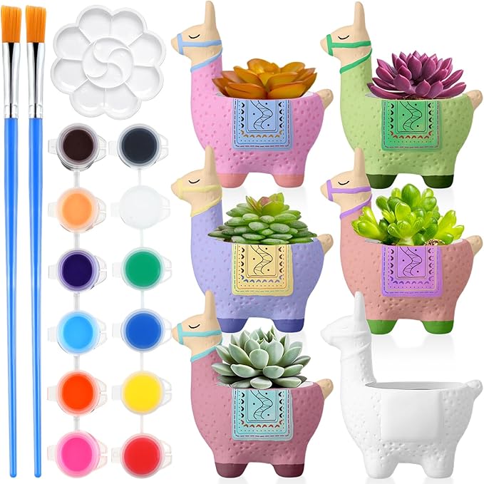 Pasimy 6 Set DIY Ceramic Succulent Planter Pots Paint Your Own Flower Pots Craft Kit Unpainted Bisque Paintable Flowerpot with Brush Palette Ready to Paint for Family Activity Gift(Alpaca)