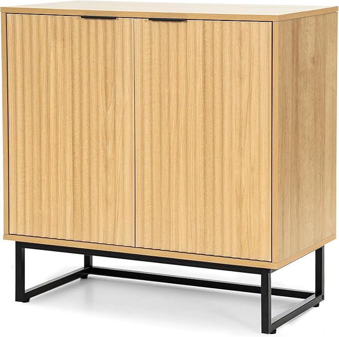 Fluted Storage Cabinet Set of 2, Sideboard Buffet Cabinet with Adjustable Shelves, Multifunctional Console Table with Storage Credenza for Living Room, Dining Room, Natural Oak